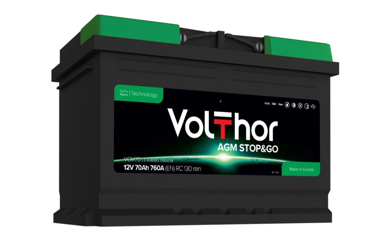 Акумулятор легковий VOLTHOR 6СТ-70(0) (760А) AGM STOP&GO 12B, 70Ah, 760A, плюс зправа (R+) AGM 278X175X190 мм